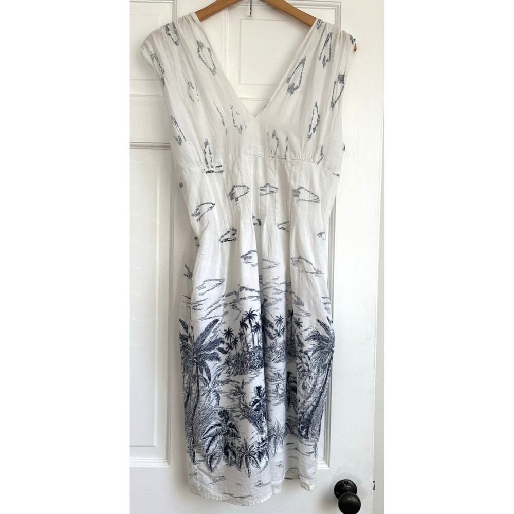 Kas Designs Women Cotton Tropical Toile Print V-Neck Sleeveless Dress White Blue